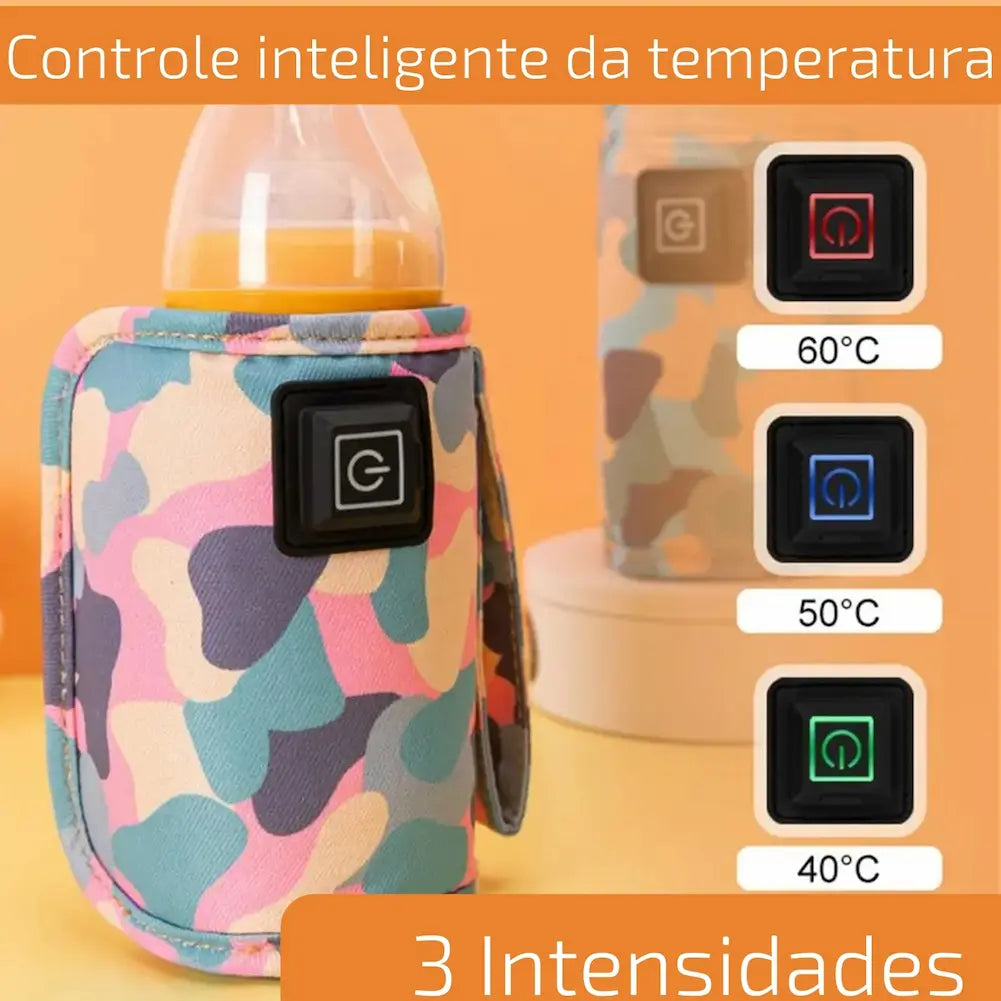 A imagem destaca um aquecedor de mamadeiras USB com controle inteligente de temperatura. O dispositivo, com design camuflado colorido, é mostrado com uma mamadeira dentro. Há três configurações de temperatura indicadas: 60°C (vermelho), 50°C (azul) e 40°C (verde). O texto enfatiza "Controle inteligente da temperatura" e "3 Intensidades", sobre um fundo laranja.